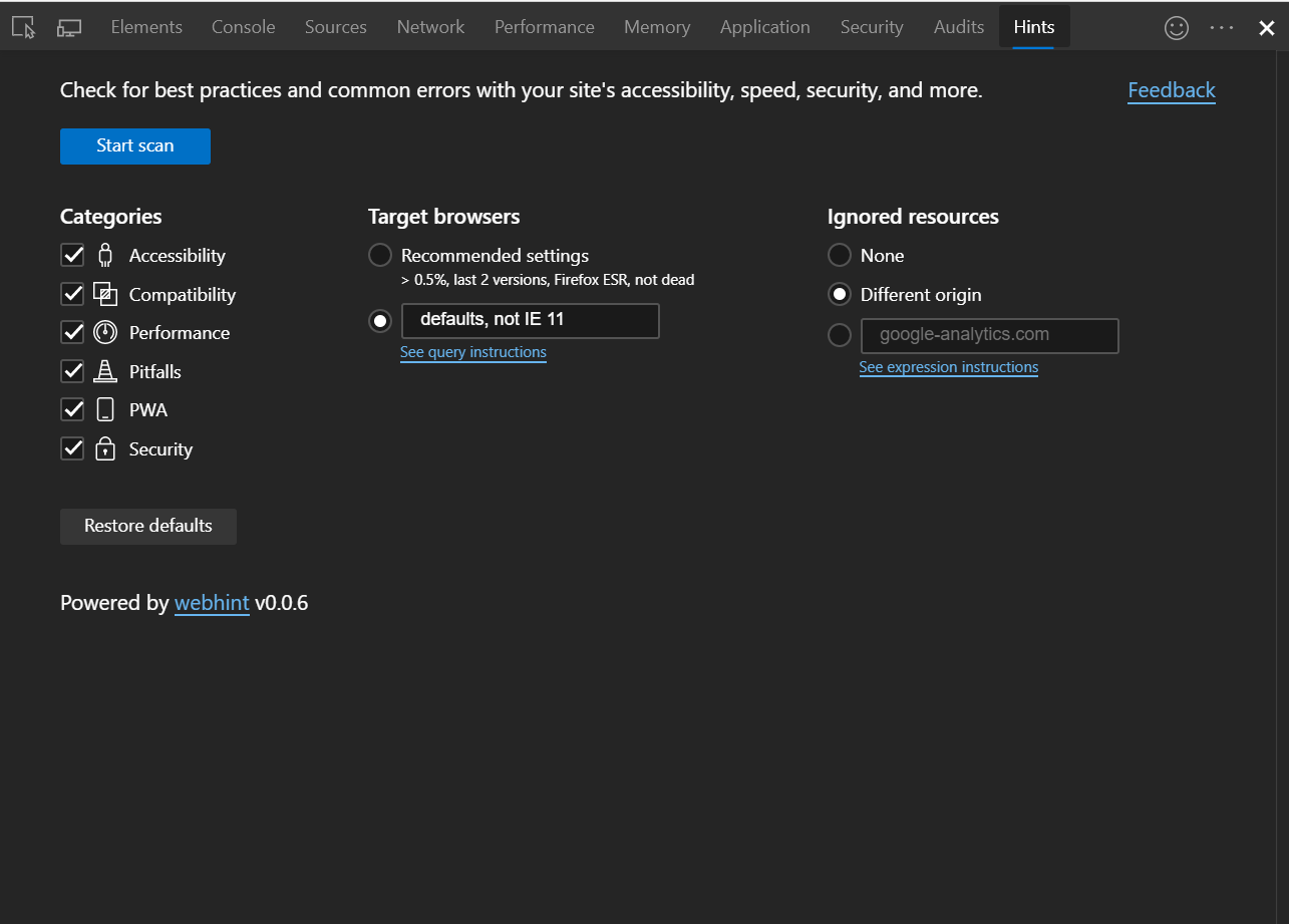 Choosing settings for a webhint site scan.