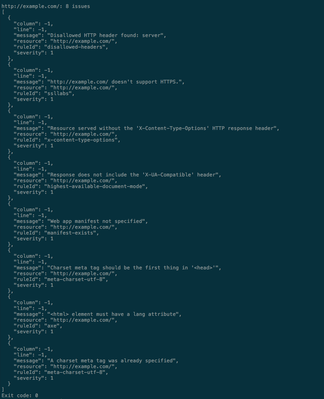 Example output for the json formatter